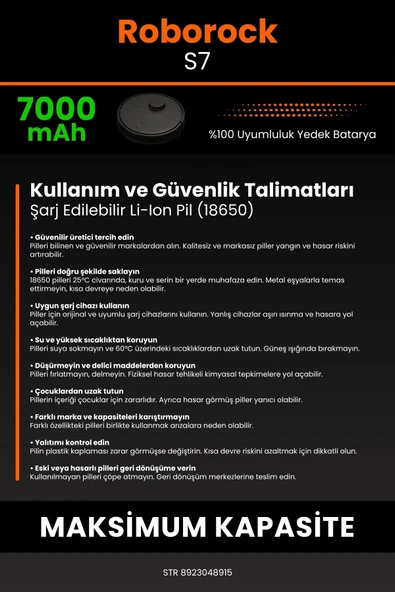 robo-mi Roborock S7 7000mAh Robot Süpürge Bataryası - Koruma Katmanlı Batarya Teknolojisi - 7