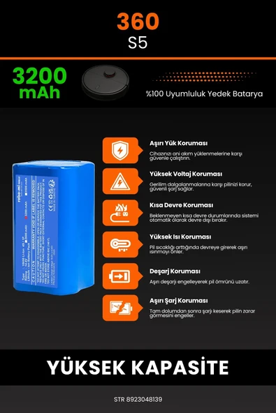 robo-mi 360 S5 3200mAh Robot Süpürge Bataryası - Sertifikalı Güvenlik, Gerçek Kapasite - 5