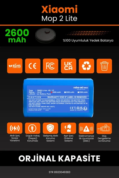 robo-mi Xiaomi Mi Vacuum Mop 2 Lite 2600mAh Robot Süpürge Bataryası - Yüksek Yoğunluklu Li-ion Hücre - 3