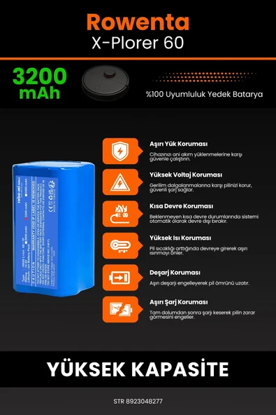 robo-mi Rowenta X-Plorer 60 3200mAh Robot Süpürge Bataryası - Sertifikalı Güvenlik, Gerçek Kapasite - 5