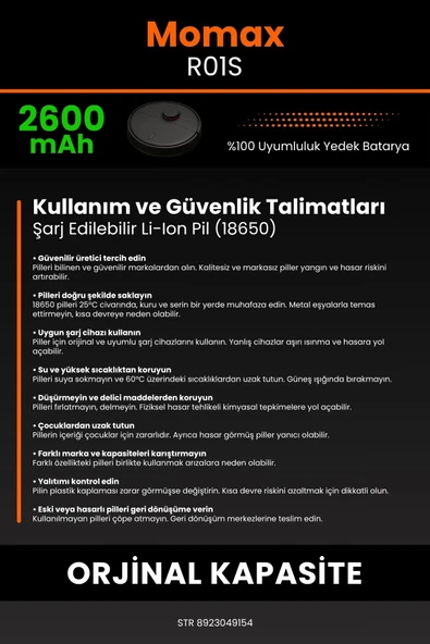 robo-mi Momax R01S 2600mAh Robot Süpürge Bataryası - Yüksek Yoğunluklu Li-ion Hücre - Resim 7