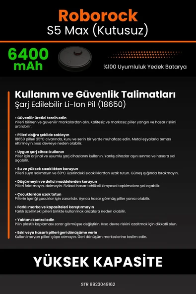 robo-mi Roborock S5 Max 6400mAh Robot Süpürge Bataryası - Yüksek Yoğunluklu Li-ion Hücre - 7