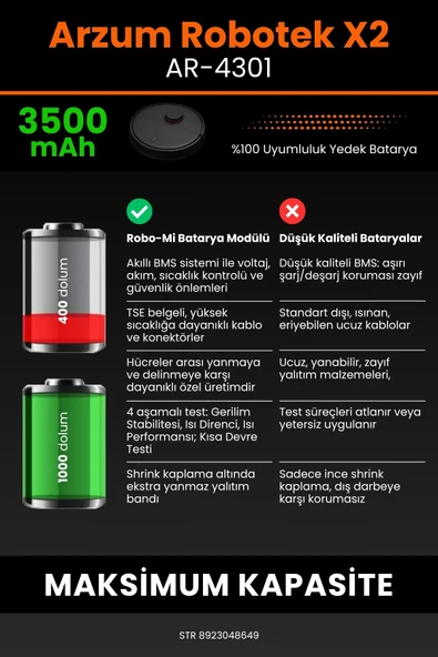 robo-mi Arzum AR4301 Robotek X2 3500mAh Robot Süpürge Bataryası - Koruma Katmanlı Batarya Teknolojisi - 6