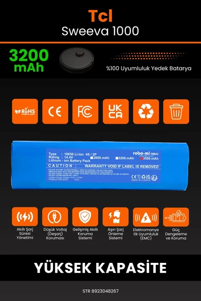 robo-mi Tcl Sweeva 1000 3200mAh Robot Süpürge Bataryası - Sertifikalı Güvenlik, Gerçek Kapasite - Resim 3