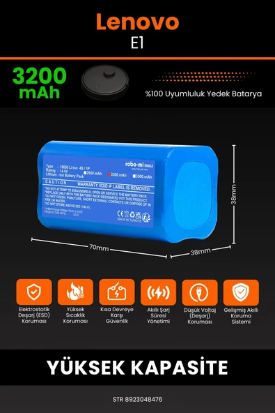 robo-mi Lenovo E1 3200mAh Robot Süpürge Bataryası - Sertifikalı Güvenlik, Gerçek Kapasite - 2