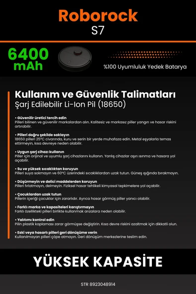 robo-mi Roborock S7 6400mAh Robot Süpürge Bataryası - Koruma Katmanlı Batarya Teknolojisi - 7