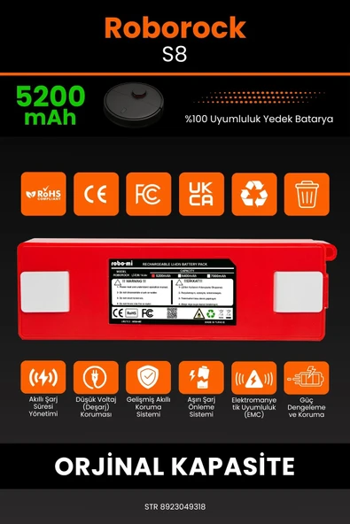 robo-mi Roborock S8 5200mAh Robot Süpürge Bataryası - Yüksek Yoğunluklu Li-ion Hücre - 3
