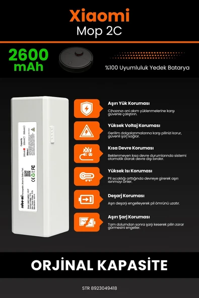 robo-mi Xiaomi Mi Vacuum Mop 2C 2600mAh Robot Süpürge Bataryası - Yüksek Yoğunluklu Li-ion Hücre - 5