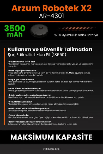 robo-mi Arzum AR4301 Robotek X2 3500mAh Robot Süpürge Bataryası - Sertifikalı Güvenlik, Gerçek Kapasite - Resim 7