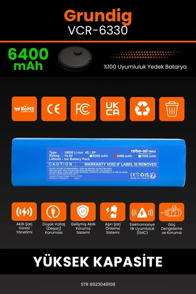 robo-mi Grundig Vcr 6330 6400mAh Robot Süpürge Bataryası - Yüksek Yoğunluklu Li-ion Hücre - 3