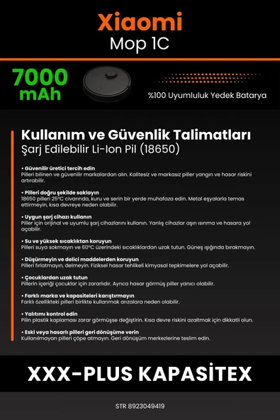 robo-mi Xiaomi Mi Vacuum Mop 1C 7000mAh Robot Süpürge Bataryası - Yüksek Yoğunluklu Li-ion Hücre - 7
