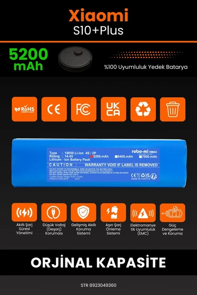 robo-mi Xiaomi Robot Vacuum S10 Plus 5200mAh Robot Süpürge Bataryası - Yüksek Yoğunluklu Li-ion Hücre - 3