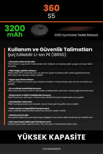 robo-mi 360 S5 3200mAh Robot Süpürge Bataryası - Sertifikalı Güvenlik, Gerçek Kapasite - 7