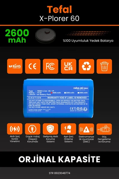 robo-mi Tefal X-Plorer 60 2600mAh Robot Süpürge Bataryası - Koruma Katmanlı Batarya Teknolojisi - 3