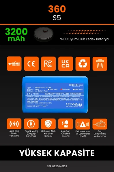 robo-mi 360 S5 3200mAh Robot Süpürge Bataryası - Sertifikalı Güvenlik, Gerçek Kapasite - 3