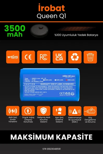 robo-mi İrobat Queen Q1 3500mAh Robot Süpürge Bataryası - Sertifikalı Güvenlik, Gerçek Kapasite - 3