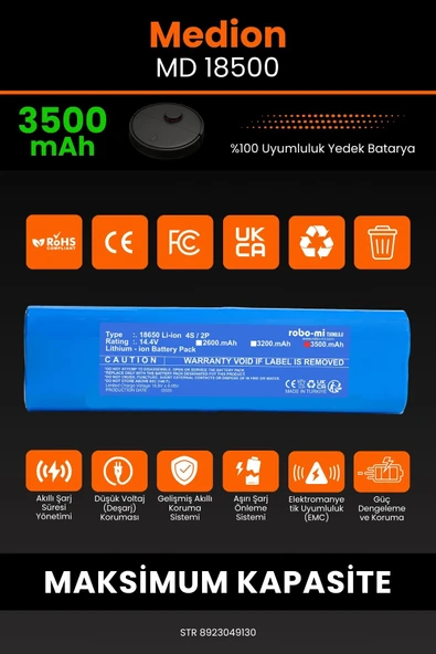 robo-mi Medion MD 18500 3500mAh Robot Süpürge Bataryası - Yüksek Yoğunluklu Li-ion Hücre - 3