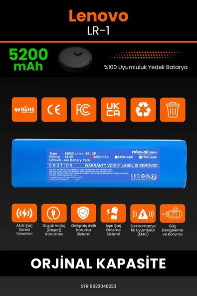 robo-mi Lenovo LR-1 5200mAh Robot Süpürge Bataryası - Sertifikalı Güvenlik, Gerçek Kapasite - Resim 3