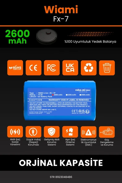 robo-mi Wiami FX-7 2600mAh Robot Süpürge Bataryası - Sertifikalı Güvenlik, Gerçek Kapasite - 3