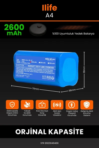 robo-mi İlife A4 2600mAh Robot Süpürge Bataryası - Yüksek Yoğunluklu Li-ion Hücre - 2