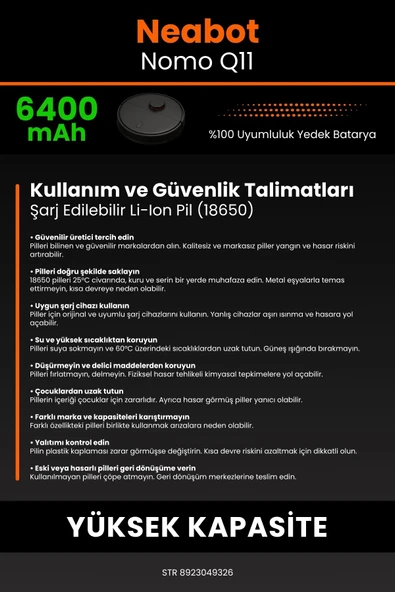 robo-mi Neabot Nomo Q11 6400mAh Robot Süpürge Bataryası - Yüksek Yoğunluklu Li-ion Hücre - 7