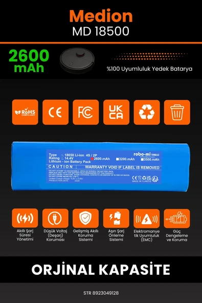 robo-mi Medion MD 18500 2600mAh Robot Süpürge Bataryası - Yüksek Yoğunluklu Li-ion Hücre - Resim 3