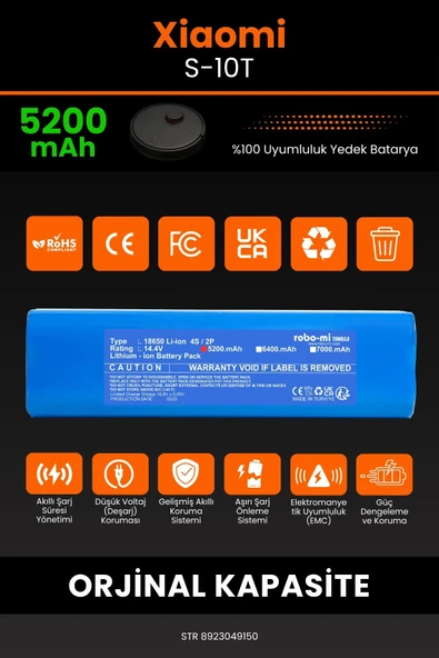 robo-mi Xiaomi Mi Robot Vacuum S10T 5200mAh Robot Süpürge Bataryası - Yüksek Yoğunluklu Li-ion Hücre - 3