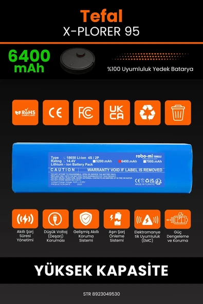 robo-mi Tefal X-Plorer 95 6400mAh Robot Süpürge Bataryası - Yüksek Yoğunluklu Li-ion Hücre - Resim 3