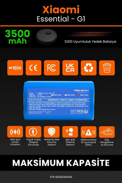 robo-mi Xiaomi Mi Vacuum Mop Essential 3500mAh Robot Süpürge Bataryası - Yüksek Yoğunluklu Li-ion Hücre - 3