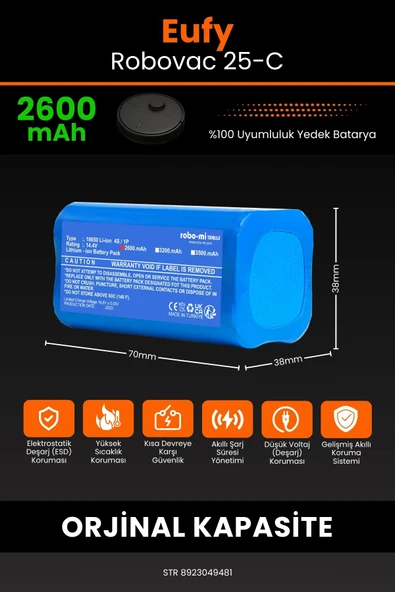 robo-mi Eufy Robovac 25C 2600mAh Robot Süpürge Bataryası - Yüksek Yoğunluklu Li-ion Hücre - 2