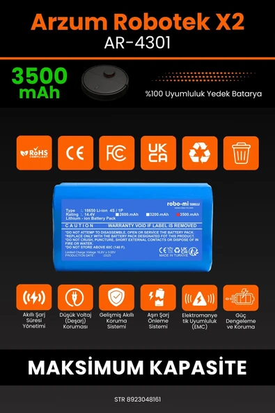 robo-mi Arzum AR4301 Robotek X2 3500mAh Robot Süpürge Bataryası - Sertifikalı Güvenlik, Gerçek Kapasite - Resim 3