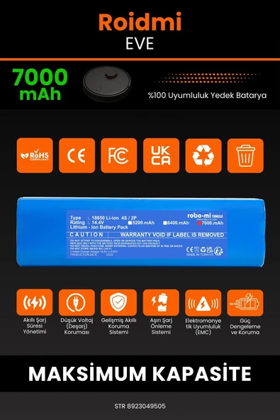 robo-mi Roidmi Eve 7000mAh Robot Süpürge Bataryası - Yüksek Yoğunluklu Li-ion Hücre - 3