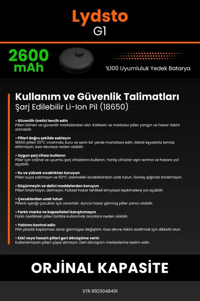 robo-mi Lydsto G1 2600mAh Robot Süpürge Bataryası - Sertifikalı Güvenlik, Gerçek Kapasite - 7