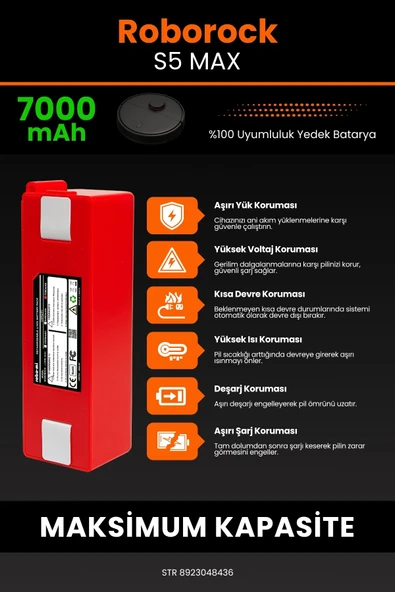 robo-mi Roborock S5 Max 7000mAh Robot Süpürge Bataryası - Sertifikalı Güvenlik, Gerçek Kapasite - 5