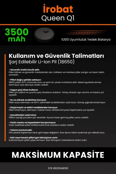 robo-mi İrobat Queen Q1 3500mAh Robot Süpürge Bataryası - Sertifikalı Güvenlik, Gerçek Kapasite - 7
