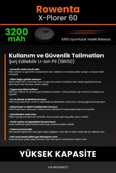 robo-mi Rowenta X-Plorer 60 3200mAh Robot Süpürge Bataryası - Sertifikalı Güvenlik, Gerçek Kapasite - 7