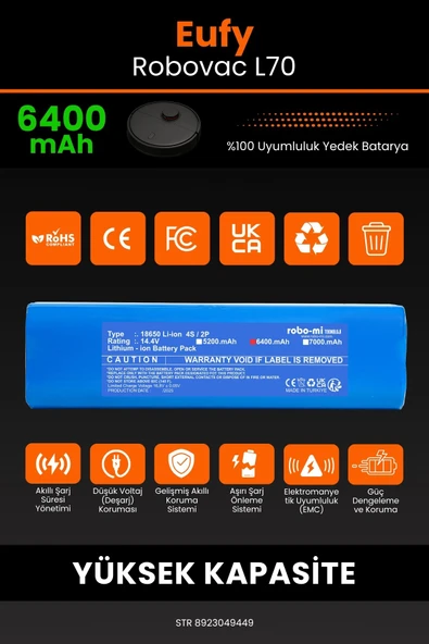 robo-mi Eufy Robovac L70 6400mAh Robot Süpürge Bataryası - Yüksek Yoğunluklu Li-ion Hücre - 3
