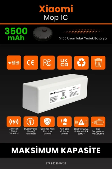 robo-mi Xiaomi Mi Vacuum Mop 1C 3500mAh Robot Süpürge Bataryası - Yüksek Yoğunluklu Li-ion Hücre - 3