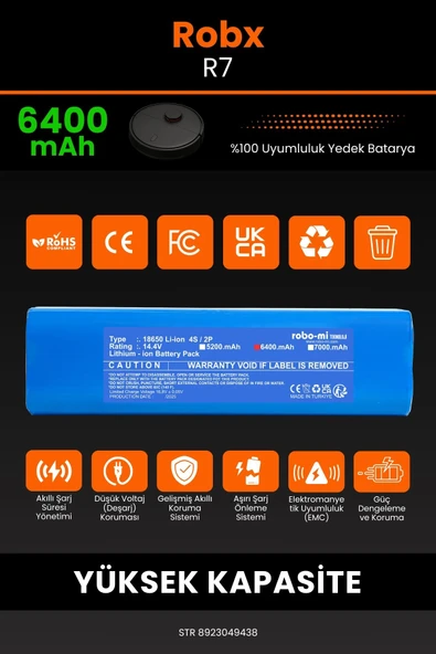robo-mi Robx R7 6400mAh Robot Süpürge Bataryası - Yüksek Yoğunluklu Li-ion Hücre - Resim 3