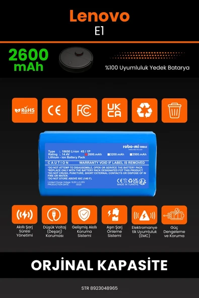 robo-mi Lenovo E1 2600mAh Robot Süpürge Bataryası - Koruma Katmanlı Batarya Teknolojisi - Resim 3