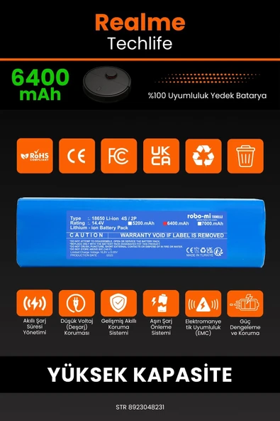 robo-mi Realme Techlife 6400mAh Robot Süpürge Bataryası - Sertifikalı Güvenlik, Gerçek Kapasite - 3