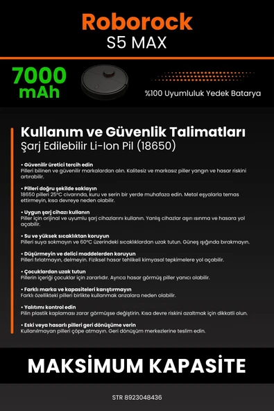 robo-mi Roborock S5 Max 7000mAh Robot Süpürge Bataryası - Sertifikalı Güvenlik, Gerçek Kapasite - 7
