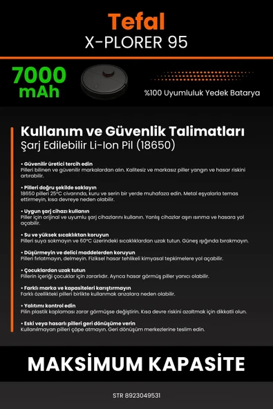 robo-mi Tefal X-Plorer 95 7000mAh Robot Süpürge Bataryası - Yüksek Yoğunluklu Li-ion Hücre - 7