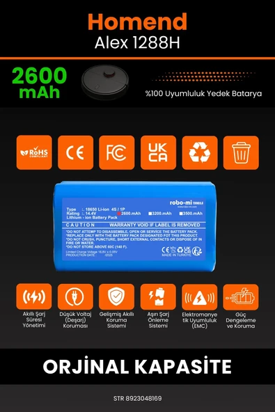 robo-mi Homend Alex 1288h 2600mAh Robot Süpürge Bataryası - Sertifikalı Güvenlik, Gerçek Kapasite - 3