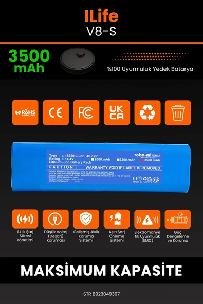 robo-mi İlife V8S 3500mAh Robot Süpürge Bataryası - Yüksek Yoğunluklu Li-ion Hücre - 3