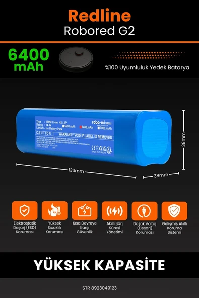 robo-mi Redline Robored G2 6400mAh Robot Süpürge Bataryası - Yüksek Yoğunluklu Li-ion Hücre - Resim 2