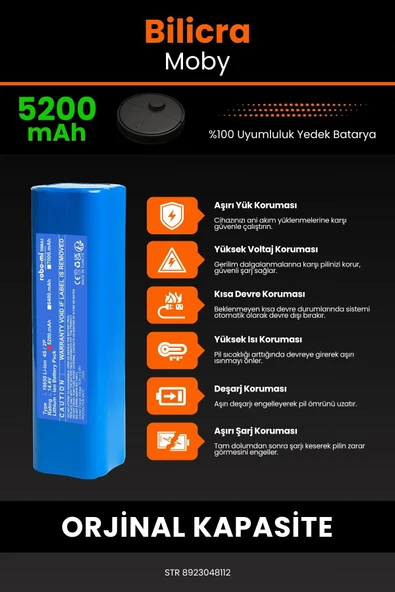 robo-mi Bilicra Moby 5200mAh Robot Süpürge Bataryası - Sertifikalı Güvenlik, Gerçek Kapasite - 5