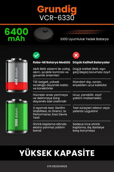 robo-mi Grundig Vcr 6330 6400mAh Robot Süpürge Bataryası - Yüksek Yoğunluklu Li-ion Hücre - 6