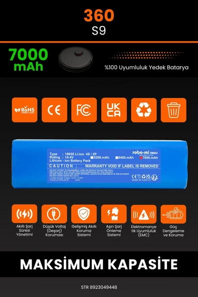 robo-mi 360 S9 7000mAh Robot Süpürge Bataryası - Yüksek Yoğunluklu Li-ion Hücre - 3