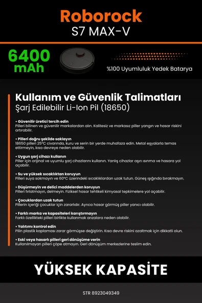 robo-mi Roborock S7 MaxV 6400mAh Robot Süpürge Bataryası - Yüksek Yoğunluklu Li-ion Hücre - 7